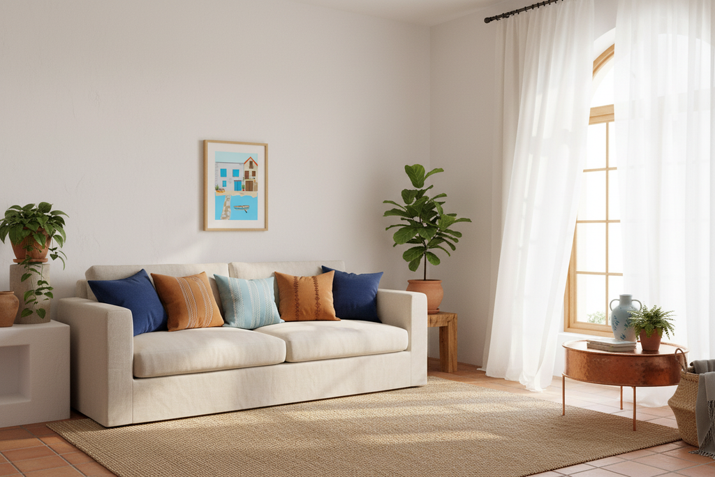 Coastal houses poster 30x40cm above couch in Mediterranean home