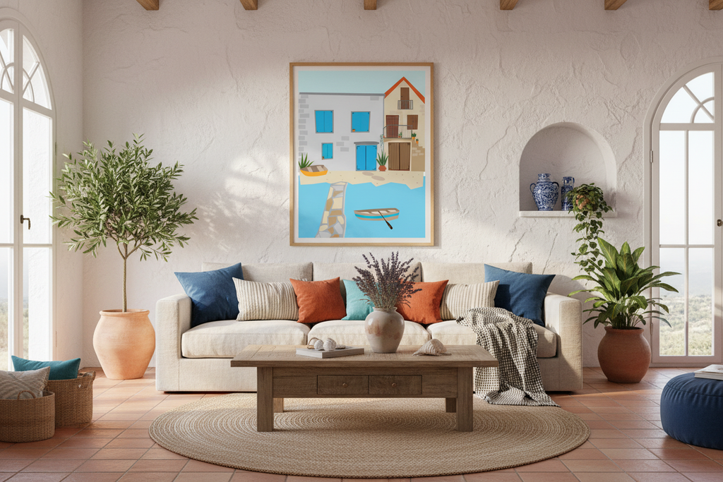 Coastal houses poster above couch in Mediterranean home