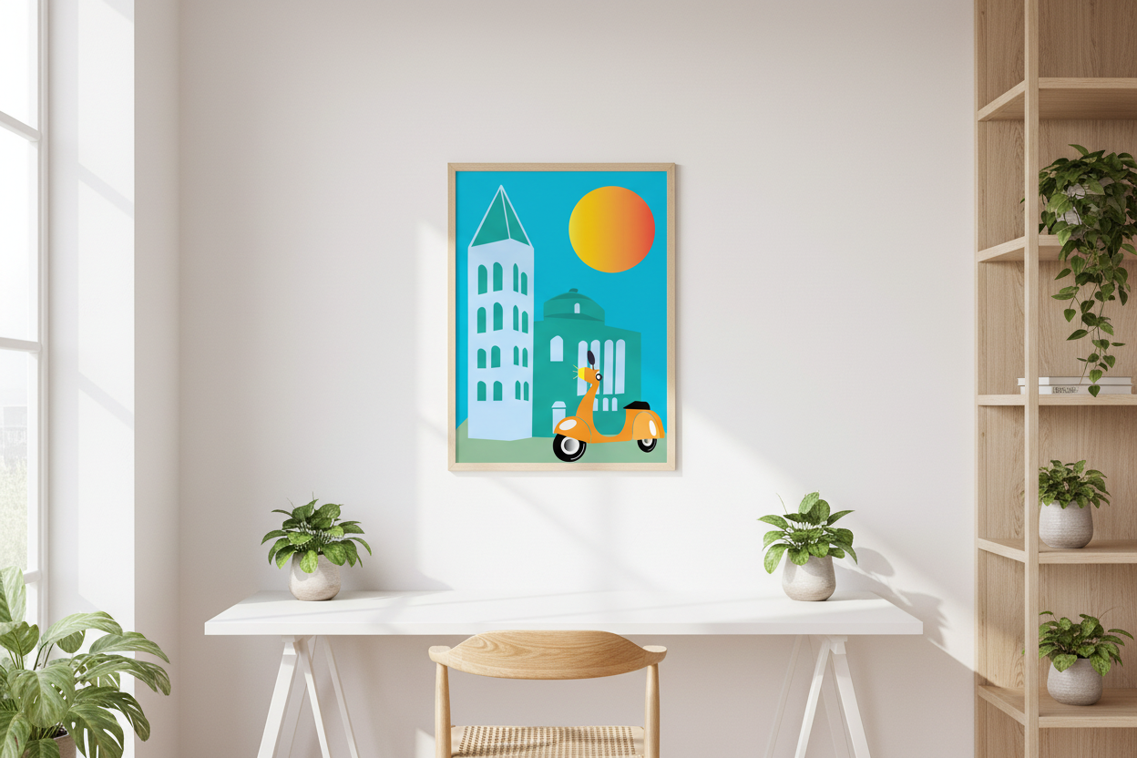 Orange Vespa poster in home office