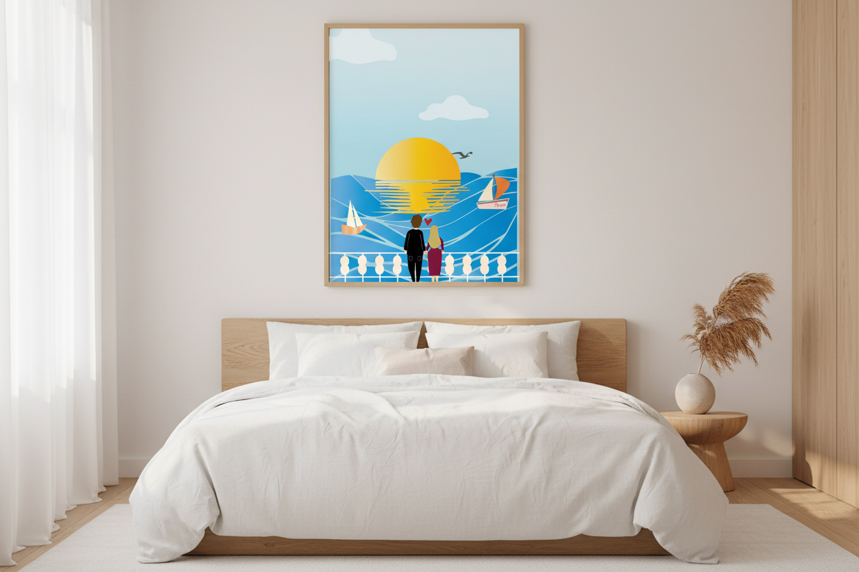 Sunset boats poster in bedroom